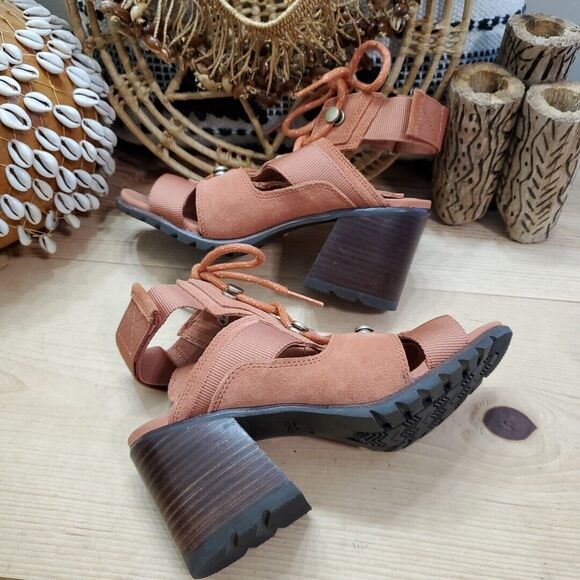 Sorel Nadia Womens 7 Teak Brown Suede Lace Up Sandals Shoes Block Heel - Picture 6 of 12
